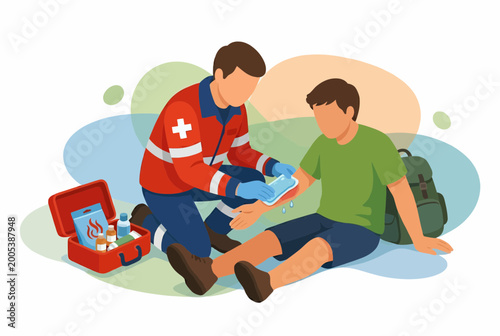 Foto Paramedic providing emergency first aid to injured boy outdoors