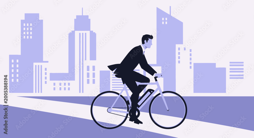 Fototapeta premium Businessman in suit riding bicycle through modern cityscape