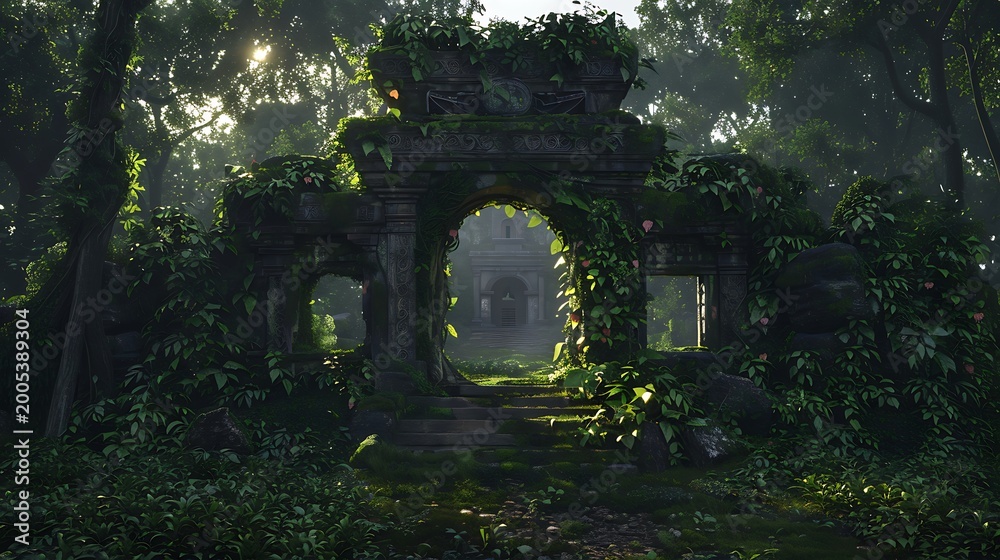Fototapeta premium Dark green tunnel archway with stone walls and mossy ground