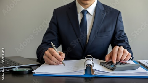A businessman in a suit calculating finances with a calculator and writing on papers at his desk