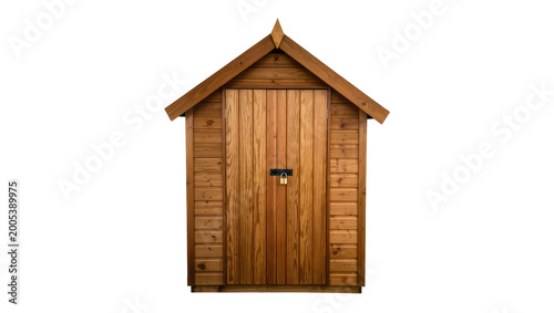 Fotografie Wooden garden shed with gable roof and padlock on door