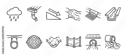 A set of hand-drawn black and white icons illustrating various elements of water drainage systems, including rain, pipes, and manholes.