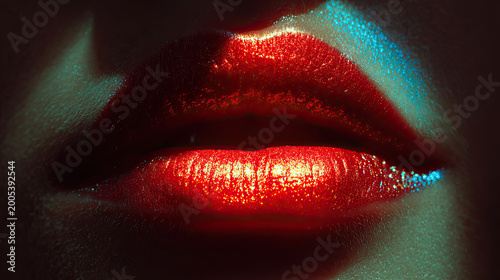 Sexy lips kissing in neon UV disco concept. Close-up of glossy red lips with shimmering reflections.