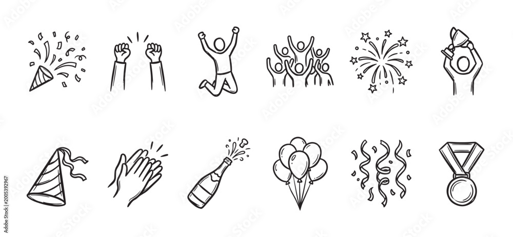 Fototapeta premium A set of hand-drawn black and white doodle icons illustrating various celebration elements like confetti, balloons, champagne, and awards.