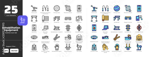 Tableau sur toile Rehabilitation equipment tools icon set collection - colored outline line art style