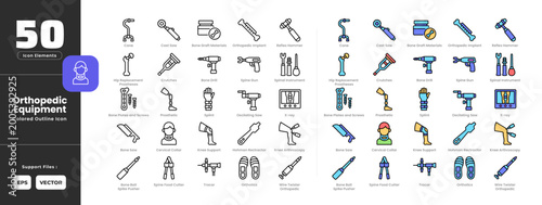 Tableau sur toile Orthopedic equipment tools icon set collection - colored outline line art style