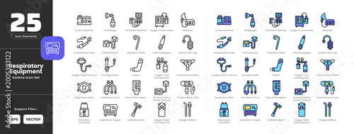 Konstfotografi Respiratory equipment icon set collection - colored outline line art style