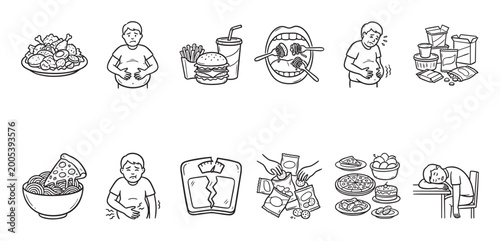 This cartoon illustration depicts various visual metaphors for unhealthy eating, weight gain, and overeating, useful for health and wellness topics.