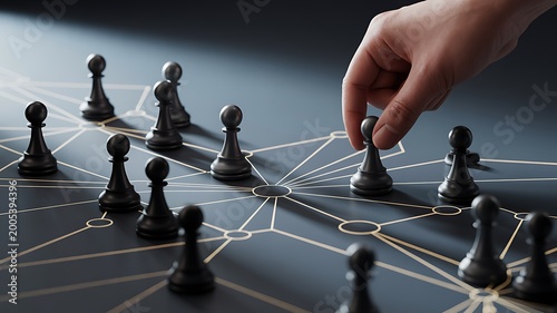 A hand moving a chess pawn on a network illustration symbolizing strategy and planning in business.