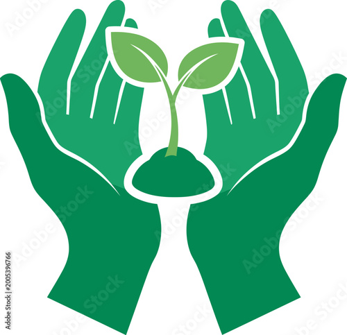 Green Graphic Silhouette of Two Caring Human Hands Holding and Protecting a Growing Plant Seedling for Environmental Concepts
