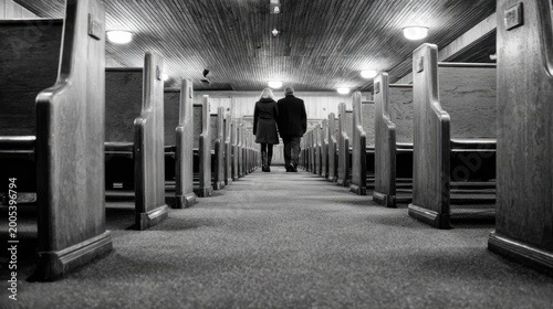 Wedding couple exits charming chapel together concept. Couple walking down the aisle of a quiet church in black and white.