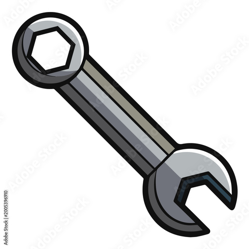 Hand drawn wrench. Wrench emblem. Vector illustration