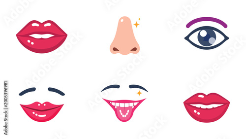 Facial Features: An array of stylized illustrations showcasing various facial elements including lips, a nose, and eyes, depicting different expressions. 