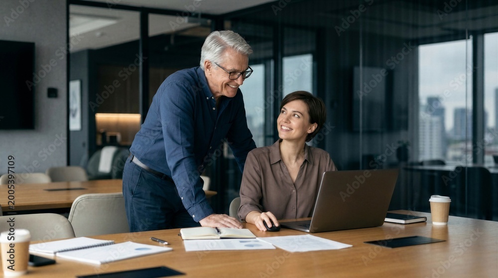 Obraz premium Business team of two executives working together using laptop in office. Happy young business woman manager showing project presentation to mature man client, investor or partner at work meeting.
