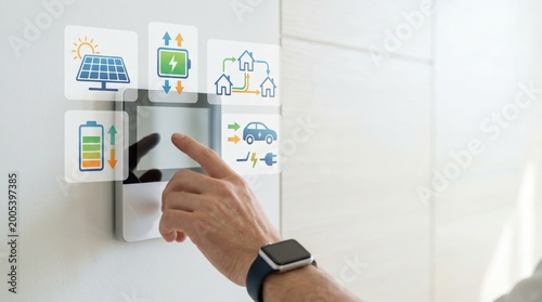 Smart home energy management system control panel with solar power and battery icons, sustainable electricity usage, green technology, eco-friendly house automation, renewable