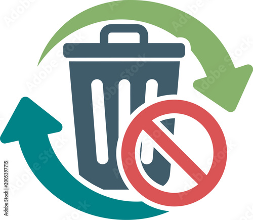Photos Trash Can Icon with Red Prohibited Stop Sign and Circular Arrows, Concept for Ze