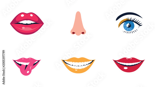 Fotografie Human Facial Features Illustrations: A captivating arrangement of illustrations showcasing the various elements of the human face, celebrating the uniqueness of the elements