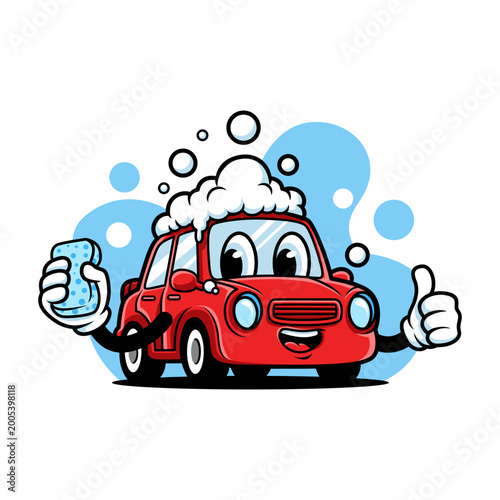 Cartoon red car mascot with a happy face, holding a sponge and giving a thumbs-up, covered in soap suds for a car wash service.