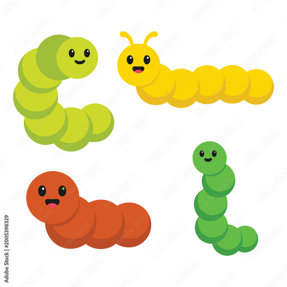 Fototapeta premium Cute cartoon caterpillars set isolated on white background.
