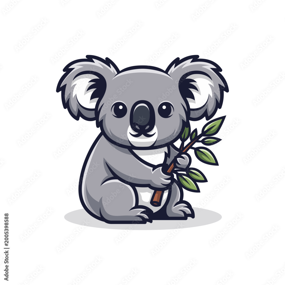 Fototapeta premium Cute cartoon koala bear holding a eucalyptus branch, adorable illustration.