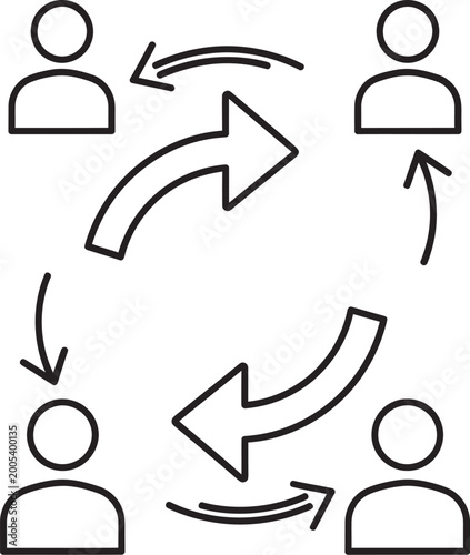 Four People Network Exchange Icon with Circular Arrows, Representing Team Collaboration, Peer Review, and Knowledge Sharing Workflow Vector