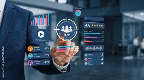 Business team performance dashboard interface, data analytics, project management charts, employee productivity metrics, corporate strategy visualization, leadership analysis