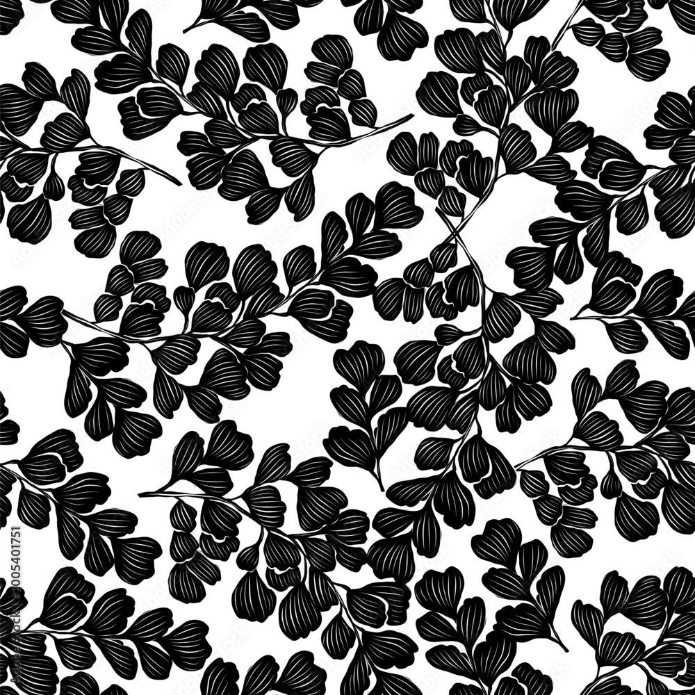 Obraz premium Black and white vector seamless pattern with leaves