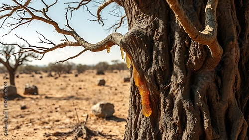 Frankincense tree in dry African landscape with glistening resin tears.