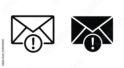 Email message alert icon with exclamation mark in outline and solid styles for notification system and digital communication error warning website design elements
