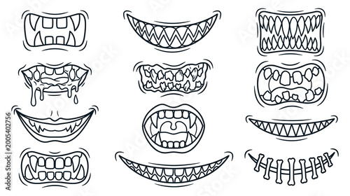 Fotografi Creepy monster mouth illustrations with sharp teeth and scary expressions
