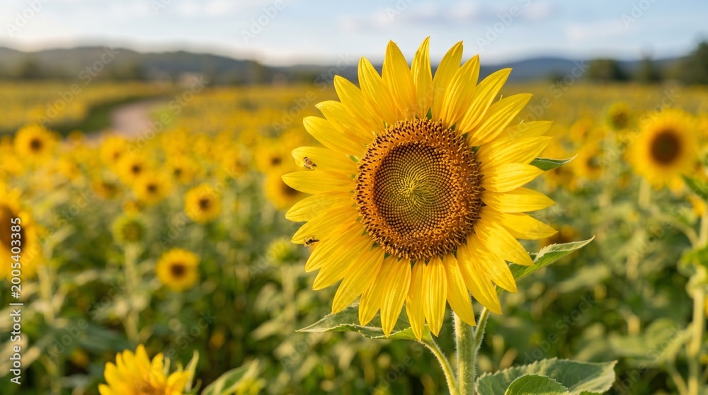 Fototapeta premium Single Vibrant Sunflower in Bloom With Bees in Sunflower Field During Golden Hour