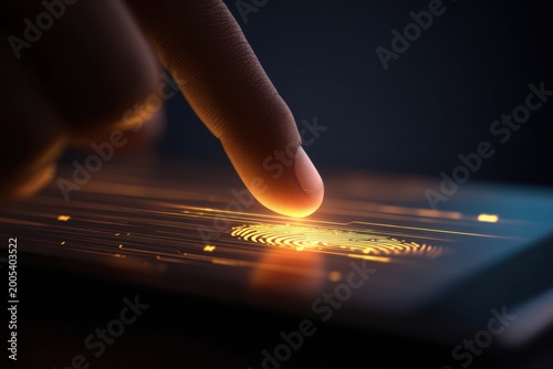 Fingerprint scan on digital screen with glowing circuits
