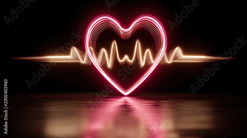 Colorful neon hearts glowing with motion concept. Vibrant heart shape with an abstract heartbeat design in neon.