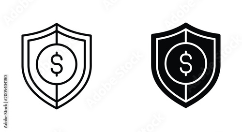 Financial security and money protection icon set with dollar sign inside a shield in outline and solid black styles for banking and insurance concepts