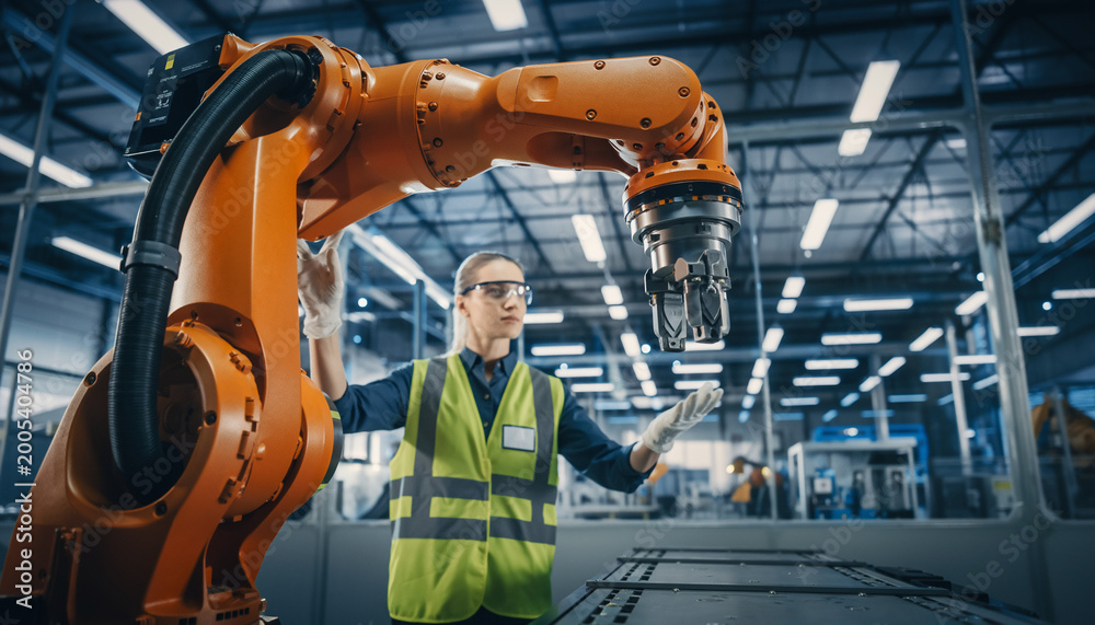 Fototapeta premium Industrial Engineer Teaching Robot Arm Precise Assembly Tasks