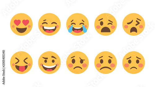 Expressive Faces: A vibrant display of ten different emojis, each conveying a distinct emotion, from love and joy to sadness and worry, perfectly illustrating the nuances of human feelings. 