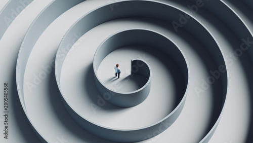 Man standing in center of spiral maze representing business strategy success finding solution, 3d render