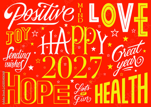 Happy 2027 card - Red background with energetic and positive letterings