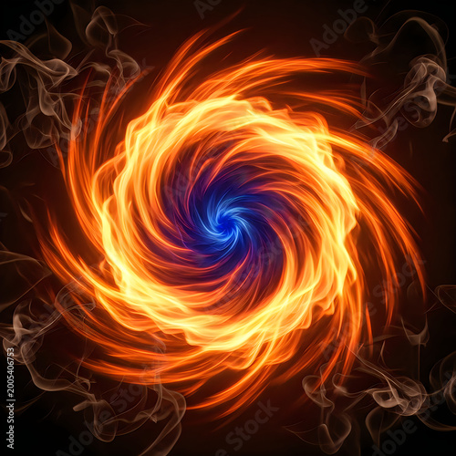 Abstract fiery spiral vortex with blue core on dark background, digital
