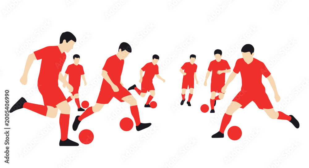 Fototapeta premium Soccer players in red uniforms dribbling and kicking balls, dynamic action illustration