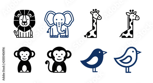 Photography Cute Animal Icons Set: Lion, Elephant, Giraffe, Monkey, Bird Collection