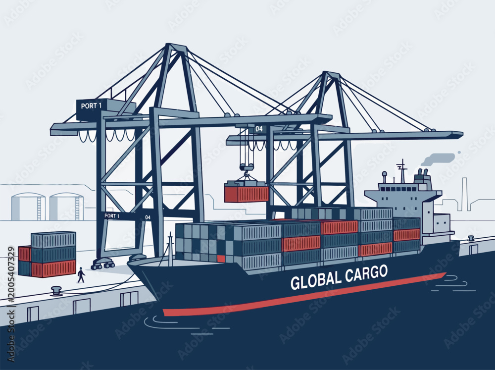 Fototapeta premium Industrial Cargo Port Illustration with Giant Gantry Cranes Loading Containers onto Global Cargo Freight Ship for Logistics and Supply Chain