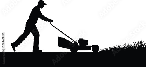 Man Pushing Lawnmower Cutting Grass Backyard Landscaping Silhouette Vector