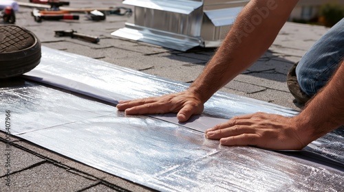 A roof shingle underlayment and flashing installation.