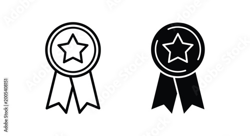 Achievement award medal icon set with star emblem and ribbons in line art and solid glyph styles for recognition business excellence and competitive success branding assets