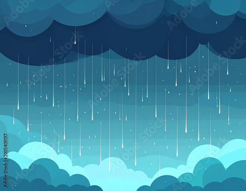 Stylized Rain Vector Background with Dark Storm Clouds and Falling Raindrops