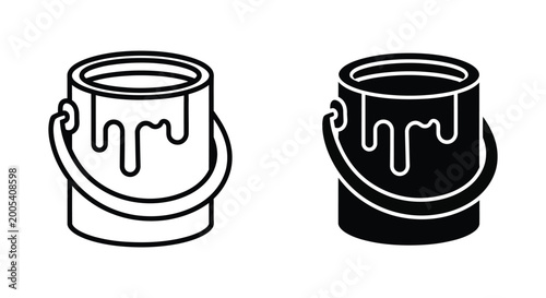 Paint bucket icon set featuring minimalist outline and solid black graphic design styles for home improvement and construction industry digital assets