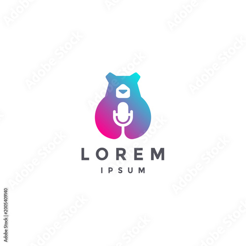 Fun Colorful Bears Podcast Logo Design. Cute Bear Holding a Microphone Logo Design.