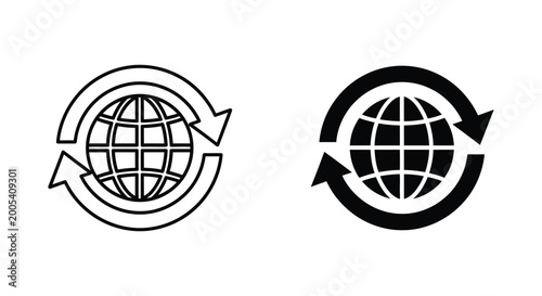 Globe with circular arrows symbol outline and solid black vector for global rotation or exchange