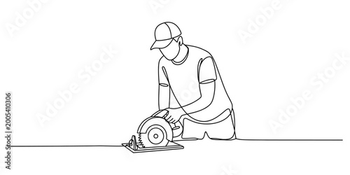 Fotografia Continuous line drawing of a builder using a circular saw